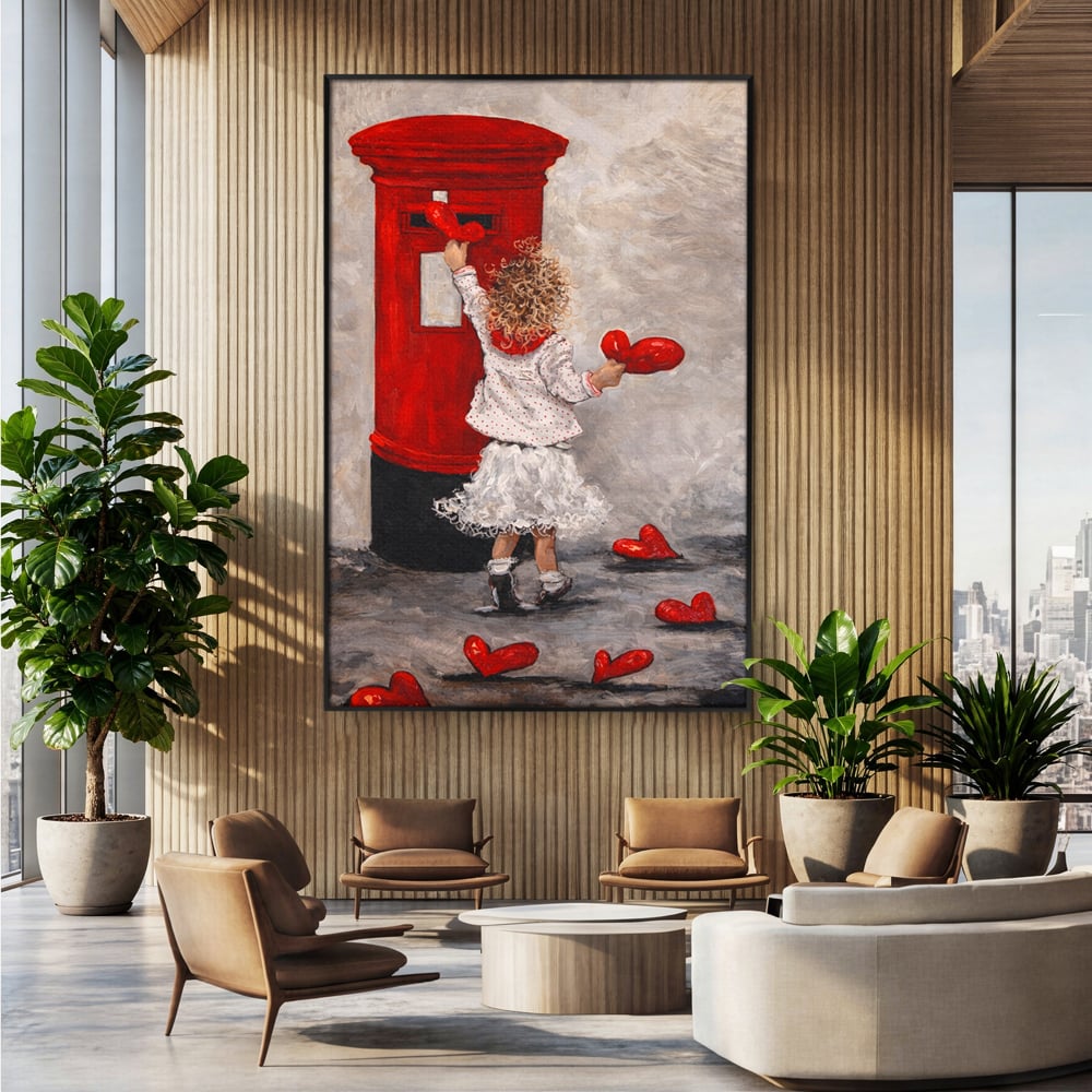 Tablou canvas cu pictura cu fetita si cutie postala, in rama de aluminiu negru, pe perete intr-un birou
